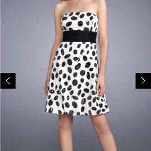 La Femme sequined, printed cocktail dress w/ black waistband + strapless bodice